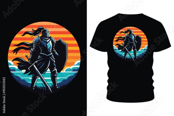 Fototapeta T-shirt design with a warrior holding a sword.