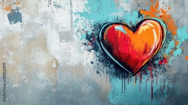 Obraz A vibrant graffiti-style heart with bold splashes of color, creating an edgy, urban aesthetic against a rough wall