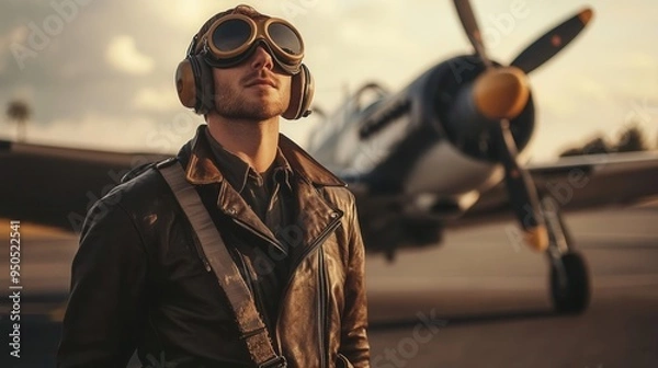 Obraz A pilot in a classic leather jacket and aviator goggles, standing beside a WWIIera aircraft on an airstrip, with a soft, vintage filter Medium shot, eyelevel