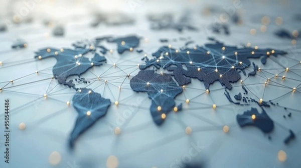 Fototapeta Global Connectivity: A 3D rendered world map illuminated by intricate networks of glowing nodes, symbolizing global communication and interconnectedness. 