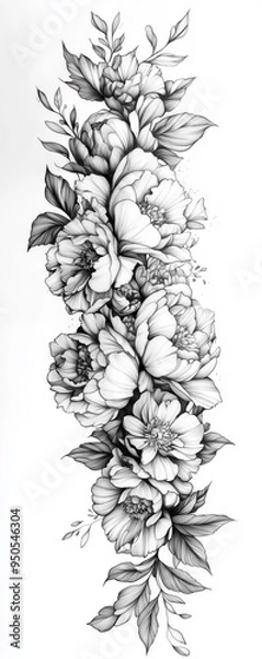 Fototapeta A detailed black and white sketch of a rose and barber-wired floral ornament designed for a sleeve tattoo. The design features a flowing arrangement of various flowers intertwined with barber-wired