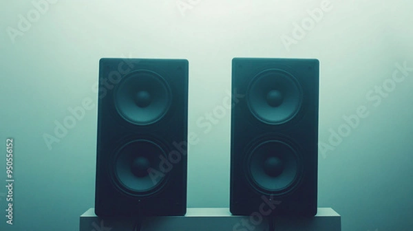 Fototapeta Two black speakers on a minimalist platform in a foggy atmosphere during a nighttime setting, showcasing sleek design and sound potential