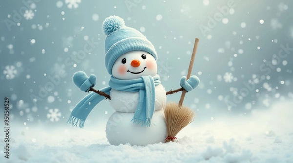 Fototapeta Froher Schneemann winkt im Winter