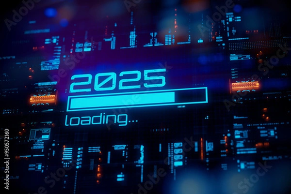 Fototapeta New 2025 year progress bar on digital lcd display with reflection. Concept of new year, annual plan, growth strategy, business planning, investment trends and strategy road map.