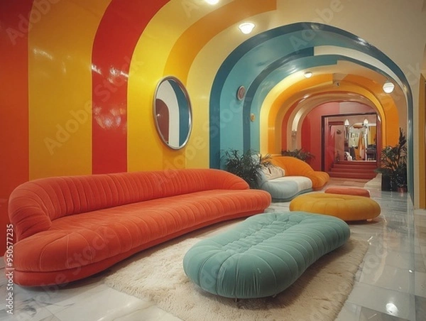 Fototapeta colourful 70s style interior design, generative ai
