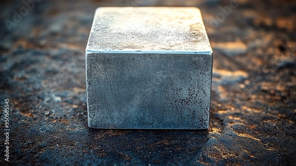 Fototapeta A single, rough, metal cube sits on a rough, dark surface, with the top of the cube catching the light.