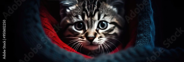 Fototapeta a gray kitten looks at the red Christmas lights hanging in the background. Banner