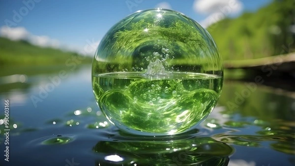 Fototapeta Artificial green hydrogen water element reflection