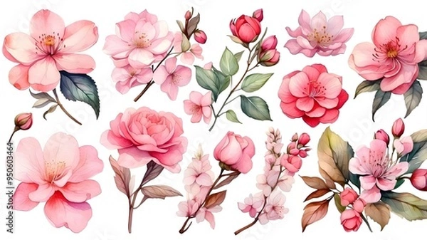 Fototapeta Set of lovely blossom ,Watercolor assortment of hand drawn blossoms , Organic plant representation straightforward foundation,