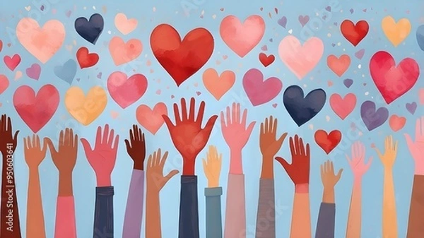 Fototapeta Gathering of assorted individuals with arms and hands lifted towards hand painted hearts. Donations to charities, volunteering, support, and assistance Community that is multicultural. Diverse populat