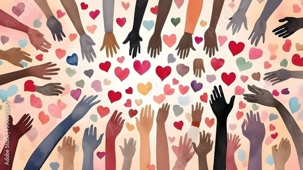 Fototapeta Gathering of assorted individuals with arms and hands lifted towards hand painted hearts. Donations to charities, volunteering, support, and assistance Community that is multicultural. Diverse populat