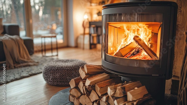 Fototapeta A warmly burning fireplace with neatly stacked wood logs creates a cozy and inviting atmosphere, perfect for relaxing and unwinding in the comfort of home during the chilly season.