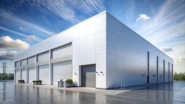 Obraz Modern sleek white warehouse building with clean lines and minimalist design, rendered in 3D, providing a blank canvas for e-commerce and logistics scenes.