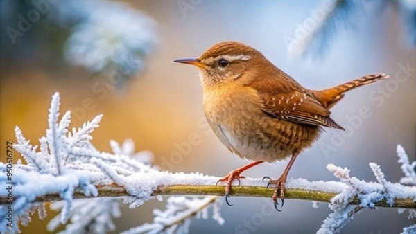 Fototapeta A tiny, energetic winter wren perches on a snow-covered branch, its brown plumage glistening with dew, against a blurred, frosty winter forest background.
