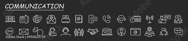 Fototapeta Communication icon set. Set of contact and support thin line icons. Contains icons as phone call, customer, 24 hrs, email, faq and more.