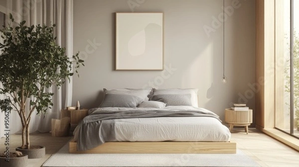 Fototapeta A Scandinavian-inspired bedroom with a low platform bed, soft linens, and a mix of light woods and muted colors, creating a calming and modern retreat.