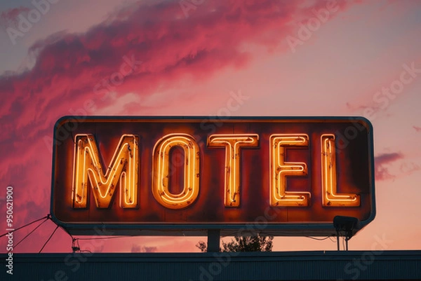Fototapeta A vivid neon MOTEL sign glowing brilliantly in twilight, with a vibrant and colorful sky in the backdrop, capturing the nostalgic essence of classic roadside motels.