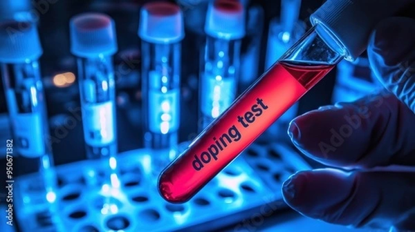 Fototapeta Doping test. Test tube with blood in hands doctor. Search for doping in athlete. Test for prohibited drugs in lab. Studying blood for presence doping. Sports pharmacology. Antibiotics for athletes
