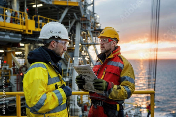 Fototapeta Offshore oil rig workers discussing technical documentation
