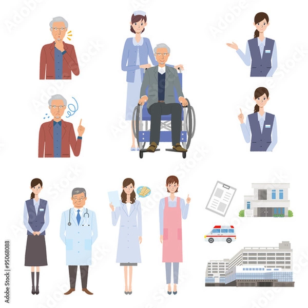 Fototapeta 高齢者　車いす　イラスト　病院