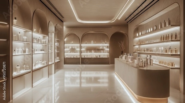 Obraz Luxury perfume store interior with illuminated shelves and a modern, elegant design
