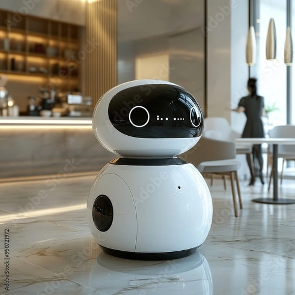 Fototapeta Sleek Robot Serving Drinks in a Futuristic Minimalist Cafe
