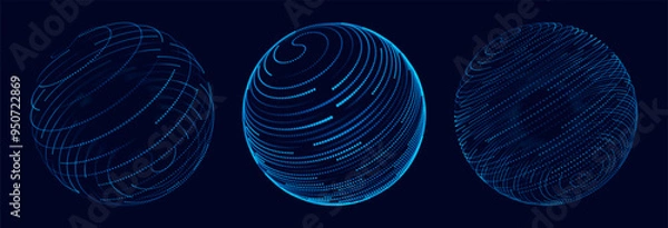 Obraz Abstract 3D Spheres of Neon Dots and Stripes. Hi-Tech Orb HUD Design Element. Global Network Connection. Abstract Globe Grid. Science and Technology Vector Illustration.