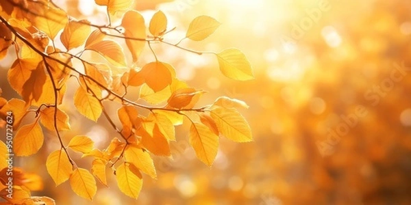 Obraz Autumn Leaves on Tree Branches With Warm Golden Sunlight and Soft Focus Background