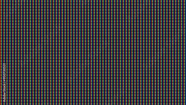 Obraz RGB Screen Dots Seamless Pattern. Analog Display Television. Close Up Screen Texture. Macro of LCD Computer Screen Displaying Pure RGB Pixels. Red Green Blue LED Panel. Vector Illustration.