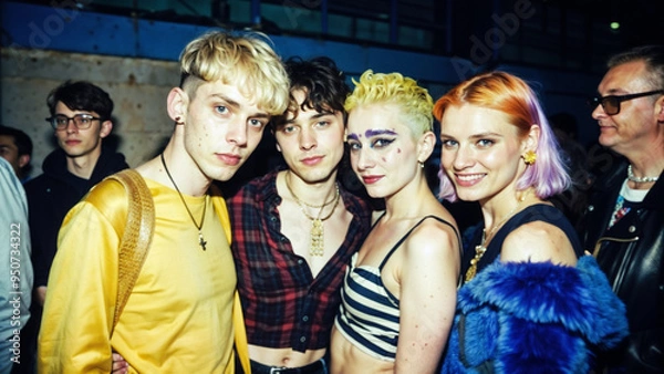 Fototapeta Shy non-binary ravers in intimate close-up sharing moment at dimly lit warehouse party