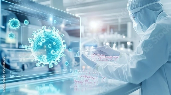 Fototapeta A visual of a medical research lab with a scientist examining cell samples infected by bacteria, highlighting the spread and impact on treatment methods