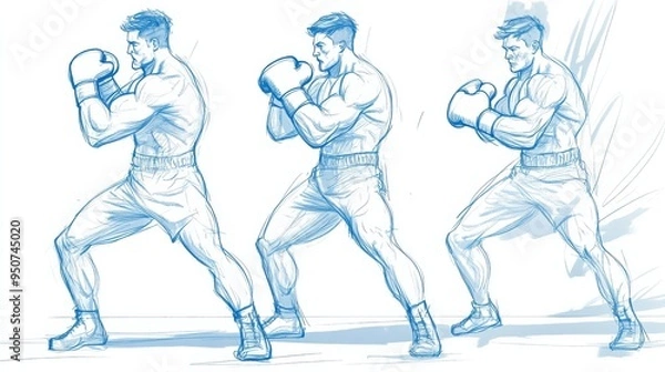 Fototapeta Illustrated sequence of a boxer demonstrating a punch technique in three stages, showcasing strength and athleticism with hand-drawn details