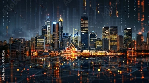Fototapeta Nighttime cityscape with illuminated skyscrapers and a digital overlay