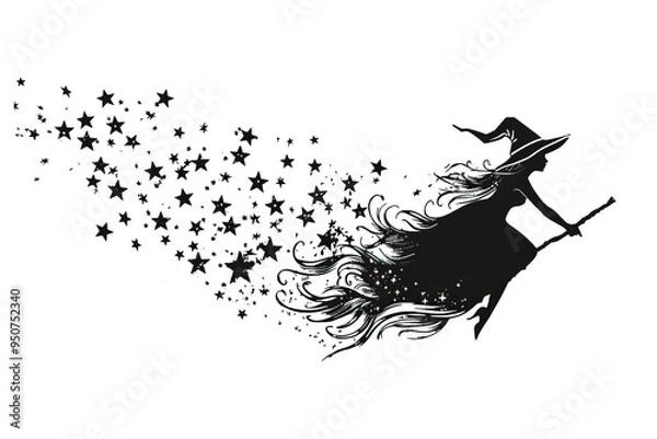 Fototapeta Silhouette of a witch flying on broomstick with trail of stars white background
