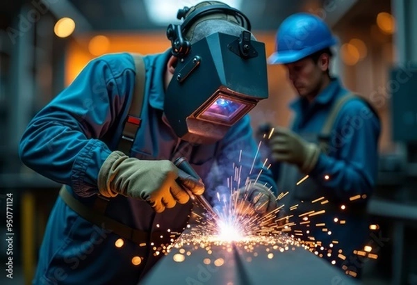 Fototapeta Workers welding in metallurgical factory with helmet, gloves and protective equipment 