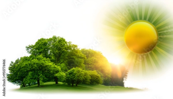 Fototapeta Sunrise over a lush green grove with trees basking in warm sunlight in a tranquil outdoor setting