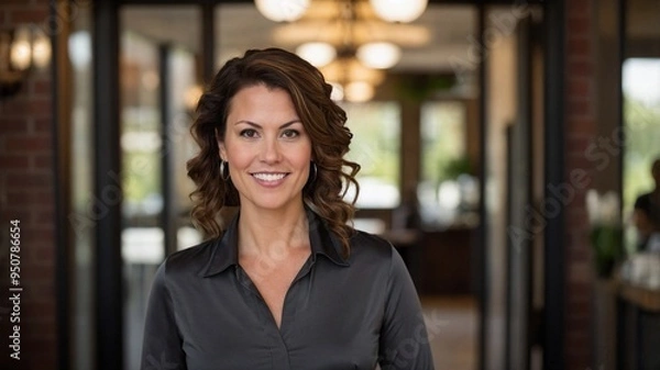 Fototapeta カメラを見つめる中小企業オーナーが企業の入り口で見せるプロフェッショナルな表情