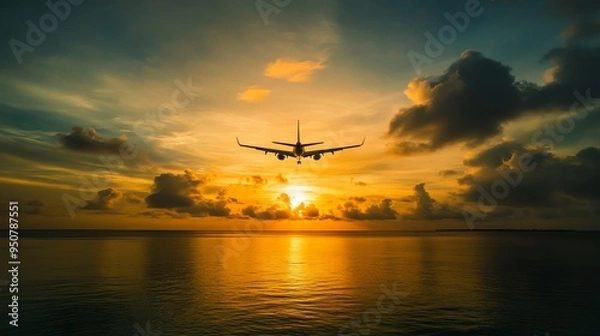 Fototapeta A plane soars above the tranquil tropical sea as the sun dips below the horizon, casting a golden glow across the serene waters. 