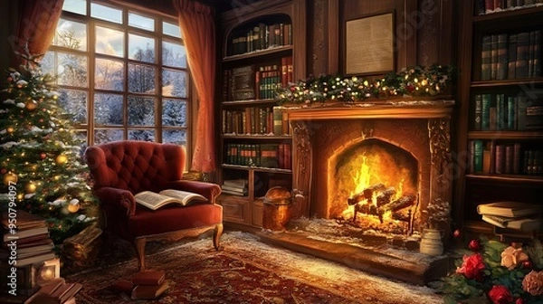 Fototapeta Quiet reading time by the fireplace in a warm setting