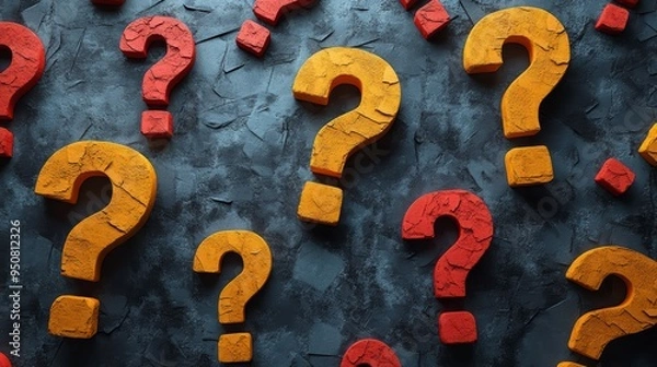 Fototapeta Colored crumpled paper with question marks is a background for quizzes and creative thinking