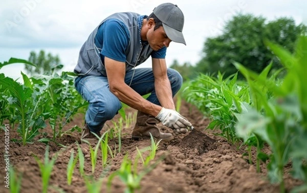 Fototapeta Farmer adjusting soil conditions for optimal crop growth in a lush agricultural field on a cloudy afternoon