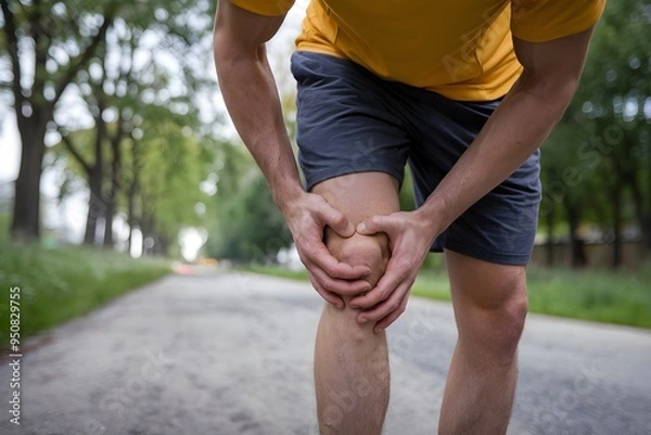 Obraz Man holding injured knee, blurred trees and pathway contrast with focused pain