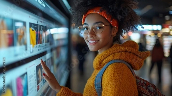 Fototapeta Young woman browsing clothes on interactive digital menu
