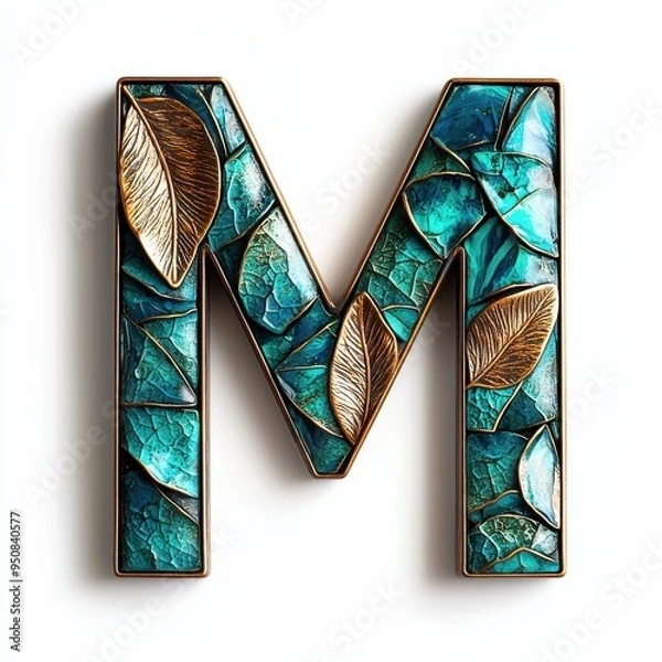 Fototapeta 3D letter "M", jade and bronze with a textured finish, white background, with natural leaf patterns