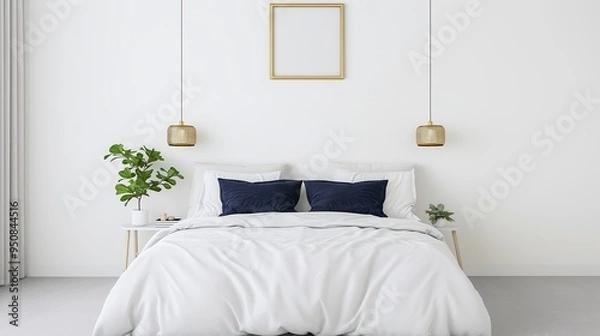 Fototapeta bed in bedroom, Minimalist Bedroom with White Bedding, Gold Pendant Lights, and Green Plants, Clean and Stylish Interior Design Featuring Copyspace, Perfect for Real Estate, Home Decor, or Interior