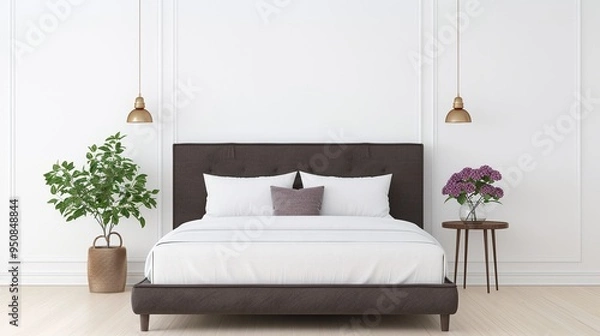 Fototapeta Modern Bedroom with Dark Bed Frame, Pendant Lighting, and Indoor Plants, Minimalistic and Elegant Interior Design Featuring Copyspace, Perfect for Real Estate or Home Decor Marketing.

