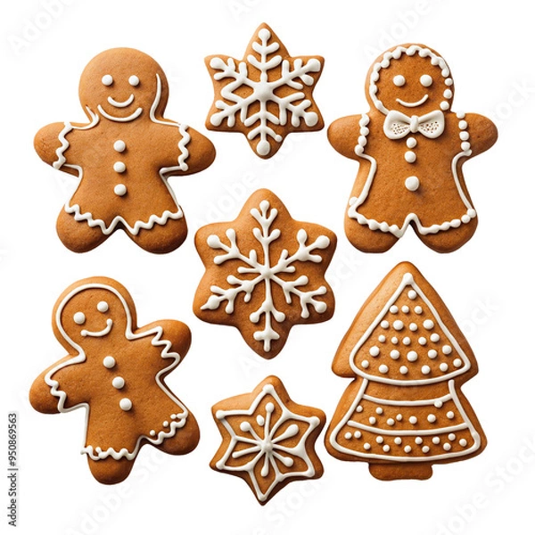Fototapeta A festive collection of gingerbread cookies decorated with white icing, featuring designs like gingerbread men, snowflakes, and a Christmas tree. Transparent background