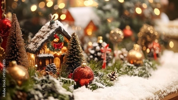 Fototapeta Miniature Christmas village with lights and ornaments on snow.