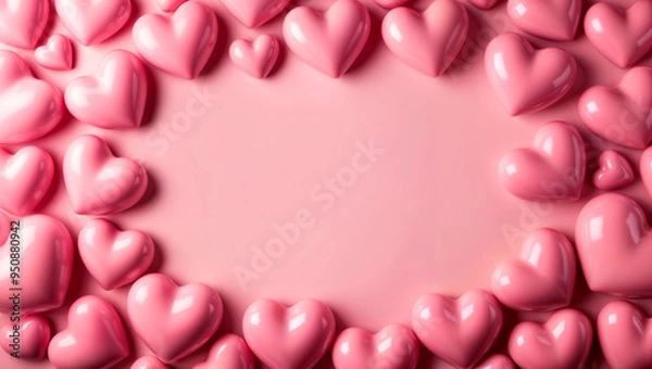 Obraz Glossy pink 3D hearts forming a frame on a soft pink background with golden sparkles around them. Romantic and elegant design with empty space in the center for text or decoration