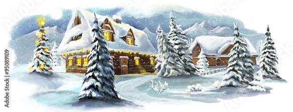 Fototapeta Christmas winter happy scene - illustration for the children